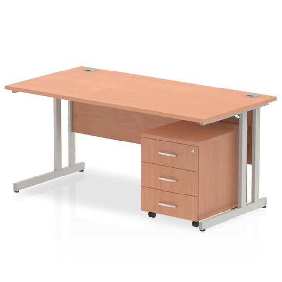 Impulse 1400 x 800mm Straight Desk Beech Top Silver Cantilever Leg with 3 Drawer Mobile Pedestal Bundle