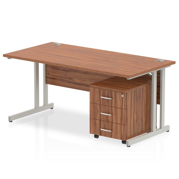 Impulse 1200 x 800mm Straight Desk Walnut Top Silver Cantilever Leg with 3 Drawer Mobile Pedestal Bundle