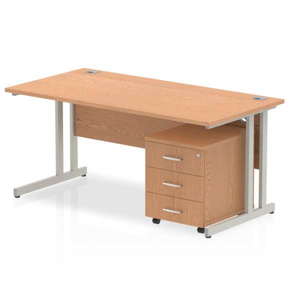 Impulse 1400 x 800mm Straight Desk Oak Top Silver Cantilever Leg with 3 Drawer Mobile Pedestal Bundle