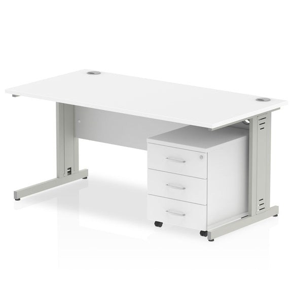 Impulse 1600 x 800mm Straight Desk White Top Silver Cable Managed Leg with 3 Drawer Mobile Pedestal