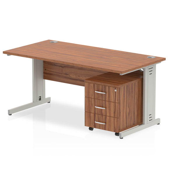 Impulse 1400 x 800mm Straight Desk Walnut Top Silver Cable Managed Leg with 3 Drawer Mobile Pedestal Bundle