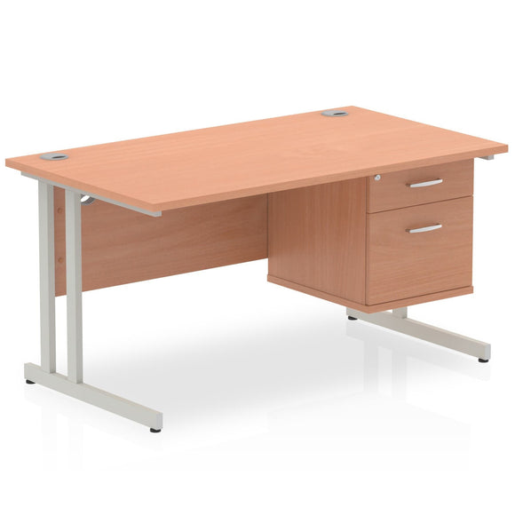 Impulse 1400 x 800mm Straight Desk Beech Top Silver Cantilever Leg with 1 x 2 Drawer Fixed Pedestal