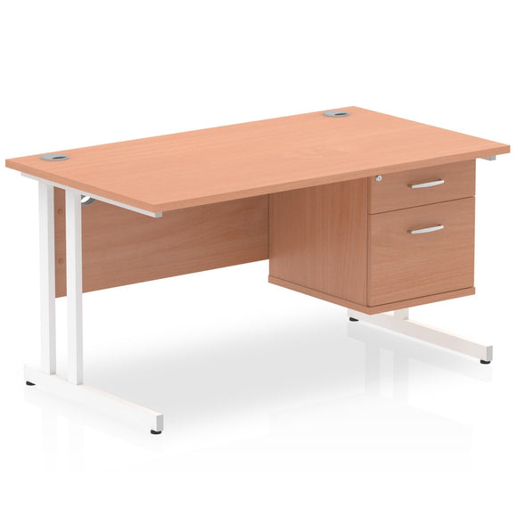 Impulse 1400 x 800mm Straight Desk Beech Top White Cantilever Leg with 1 x 2 Drawer Fixed Pedestal