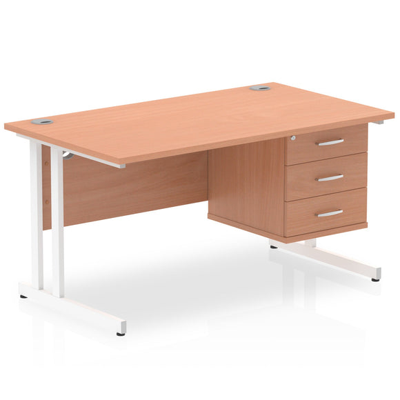 Impulse 1400 x 800mm Straight Desk Beech Top White Cantilever Leg with 1 x 3 Drawer Fixed Pedestal