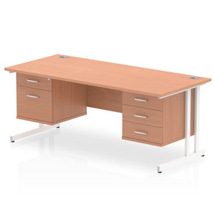 Impulse 1600 x 800mm Straight Desk Beech Top White Cantilever Leg 1 x 2 Drawer 1 x 3 Drawer Fixed Pedestal