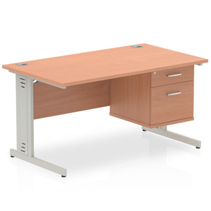 Impulse 1400 x 800mm Straight Desk Beech Top Silver Cable Managed Leg with 1 x 2 Drawer Fixed Pedestal