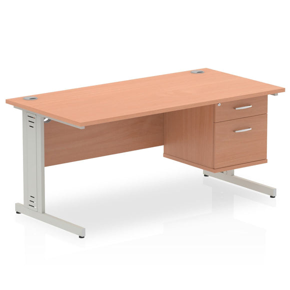 Impulse 1600 x 800mm Straight Desk Beech Top Silver Cable Managed Leg 1 x 2 Drawer Fixed Pedestal