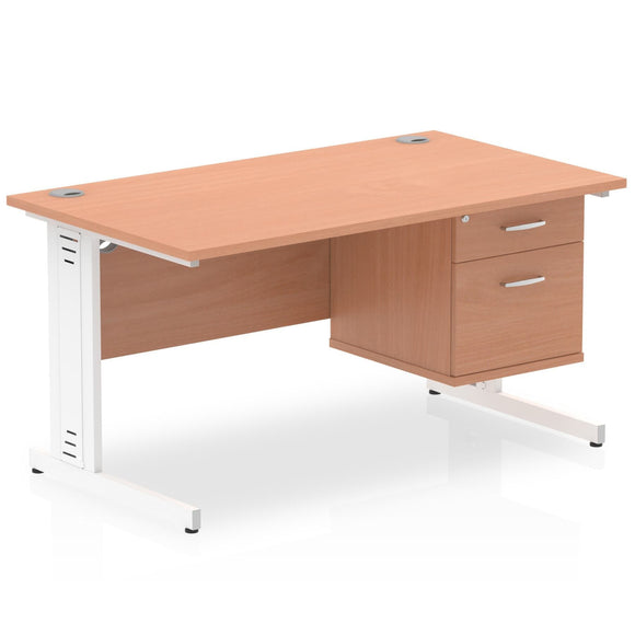 Impulse 1400 x 800mm Straight Desk Beech Top White Cable Managed Leg with 1 x 2 Drawer Fixed Pedestal