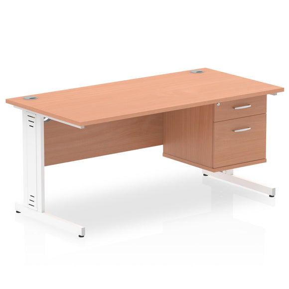 Impulse 1600 x 800mm Straight Desk Beech Top White Cable Managed Leg 1 x 2 Drawer Fixed Pedestal