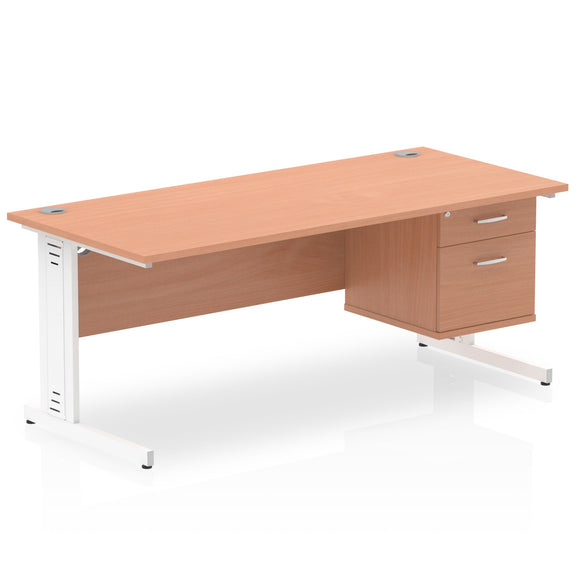 Impulse 1800 x 800mm Straight Desk Beech Top White Cable Managed Leg 1 x 2 Drawer Fixed Pedestal