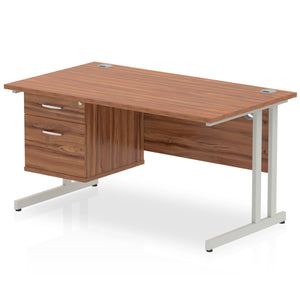 Impulse 1400 x 800mm Straight Desk Walnut Top Silver Cantilever Leg with 1 x 2 Drawer Fixed Pedestal