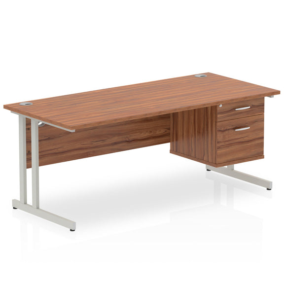 Impulse 1800 x 800mm Straight Desk Walnut Top Silver Cantilever Leg 1 x 2 Drawer Fixed Pedestal