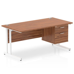 Impulse 1600 x 800mm Straight Desk Walnut Top White Cantilever Leg 1 x 2 Drawer Fixed Pedestal