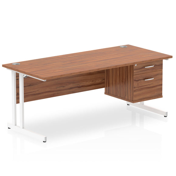 Impulse 1800 x 800mm Straight Desk Walnut Top White Cantilever Leg 1 x 2 Drawer Fixed Pedestal