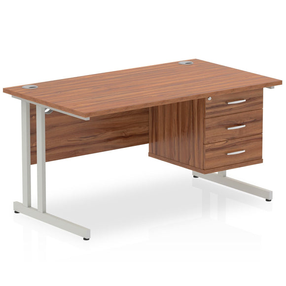 Impulse 1400 x 800mm Straight Desk Walnut Top Silver Cantilever Leg with 1 x 3 Drawer Fixed Pedestal