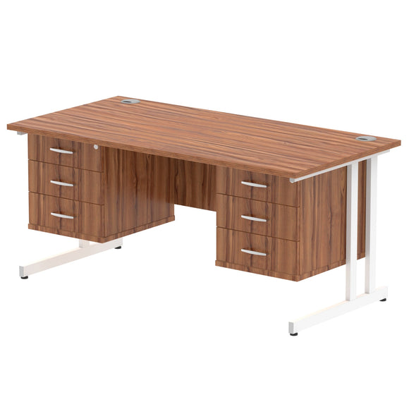 Impulse 1600 x 800mm Straight Desk Walnut Top White Cantilever Leg 2 x 3 Drawer Fixed Pedestal