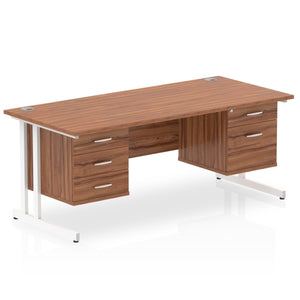 Impulse 1600 x 800mm Straight Desk Walnut Top White Cantilever Leg 1 x 2 Drawer 1 x 3 Drawer Fixed Pedestal