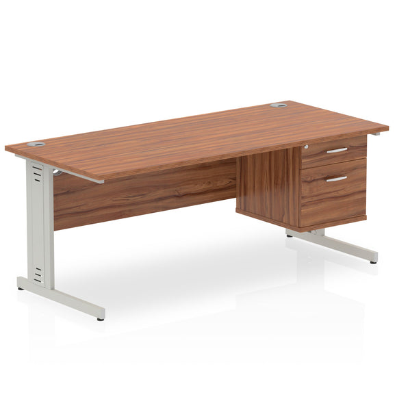 Impulse 1600 x 800mm Straight Desk Walnut Top Silver Cable Managed Leg 1 x 2 Drawer Fixed Pedestal