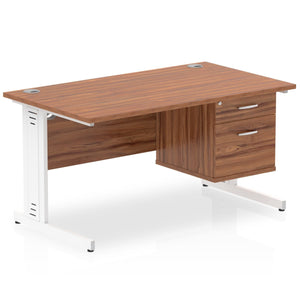 Impulse 1400 x 800mm Straight Desk Walnut Top White Cable Managed Leg with 1 x 2 Drawer Fixed Pedestal