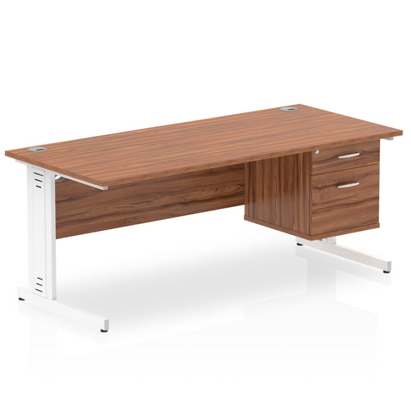 Impulse 1800 x 800mm Straight Desk Walnut Top White Cable Managed Leg 1 x 2 Drawer Fixed Pedestal