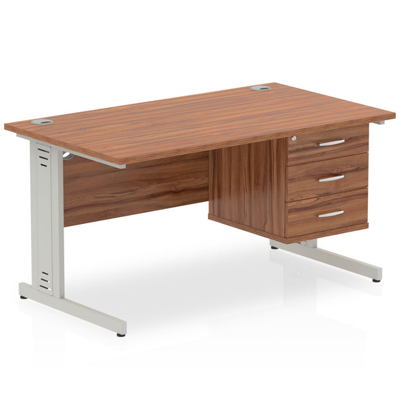 Impulse 1400 x 800mm Straight Desk Walnut Top Silver Cable Managed Leg with 1 x 3 Drawer Fixed Pedestal