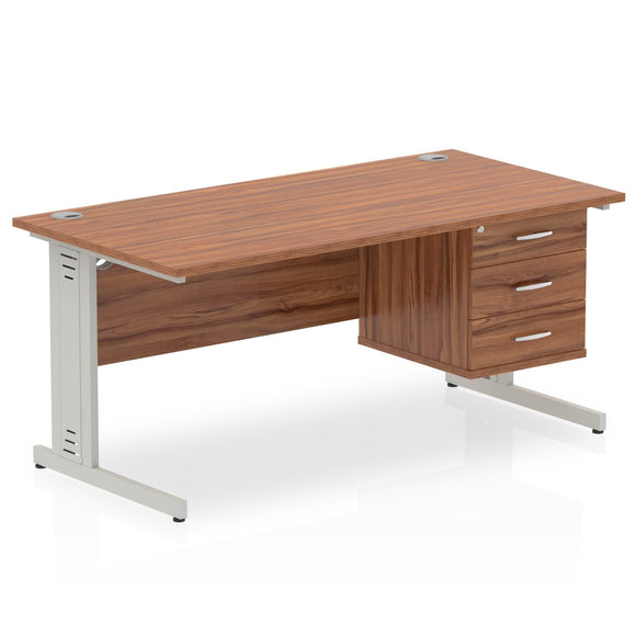 Impulse 1600 x 800mm Straight Desk Walnut Top Silver Cable Managed Leg 1 x 3 Drawer Fixed Pedestal