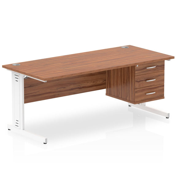 Impulse 1800 x 800mm Straight Desk Walnut Top White Cable Managed Leg 1 x 3 Drawer Fixed Pedestal