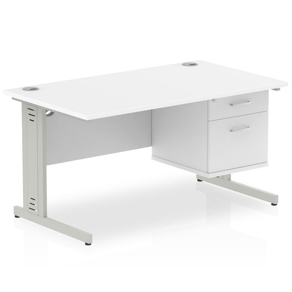 Impulse 1400 x 800mm Straight Desk White Top Silver Cable Managed Leg with 1 x 2 Drawer Fixed Pedestal