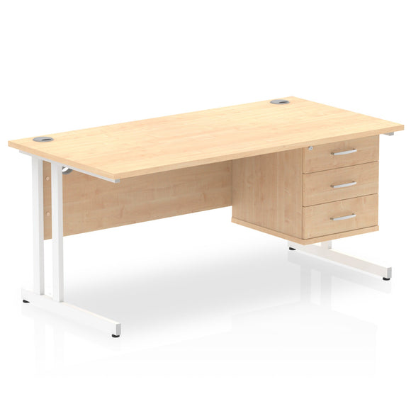 Impulse 1600 x 800mm Straight Desk Maple Top White Cantilever Leg 1 x 3 Drawer Fixed Pedestal