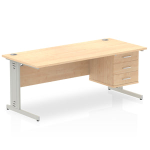 Impulse 1800 x 800mm Straight Desk Maple Top Silver Cable Managed Leg 1 x 3 Drawer Fixed Pedestal