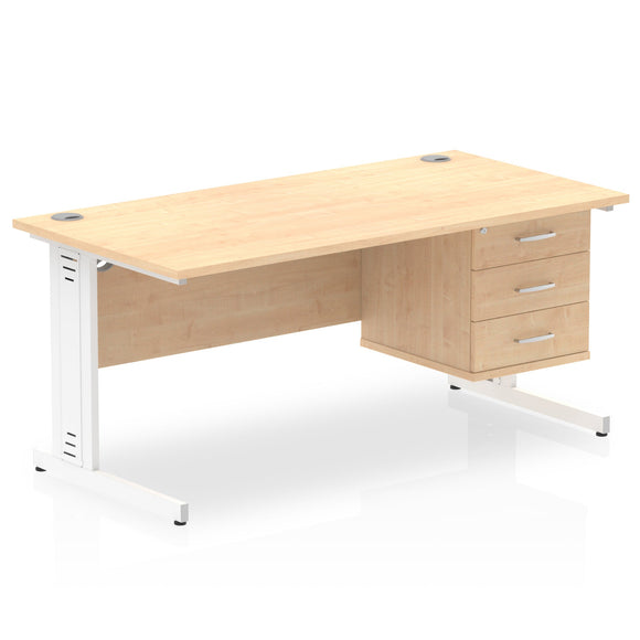 Impulse 1600 x 800mm Straight Desk Maple Top White Cable Managed Leg 1 x 3 Drawer Fixed Pedestal