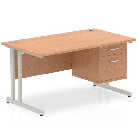 Impulse 1400 x 800mm Straight Desk Oak Top Silver Cantilever Leg with 1 x 2 Drawer Fixed Pedestal