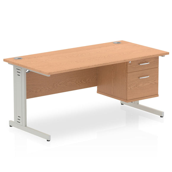 Impulse 1600 x 800mm Straight Desk Oak Top Silver Cable Managed Leg 1 x 2 Drawer Fixed Pedestal