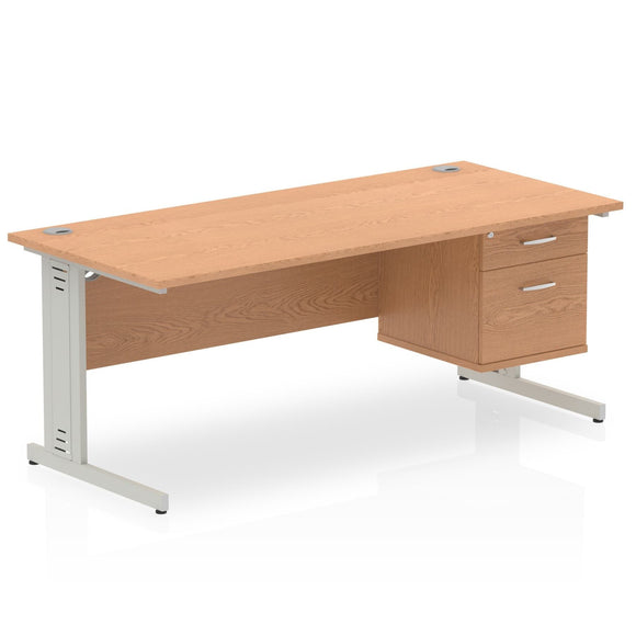 Impulse 1800 x 800mm Straight Desk Oak Top Silver Cable Managed Leg 1 x 2 Drawer Fixed Pedestal