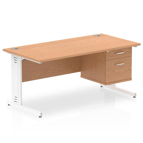 Impulse 1600 x 800mm Straight Desk Oak Top White Cable Managed Leg 1 x 2 Drawer Fixed Pedestal