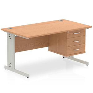 Impulse 1400 x 800mm Straight Desk Oak Top Silver Cable Managed Leg with 1 x 3 Drawer Fixed Pedestal