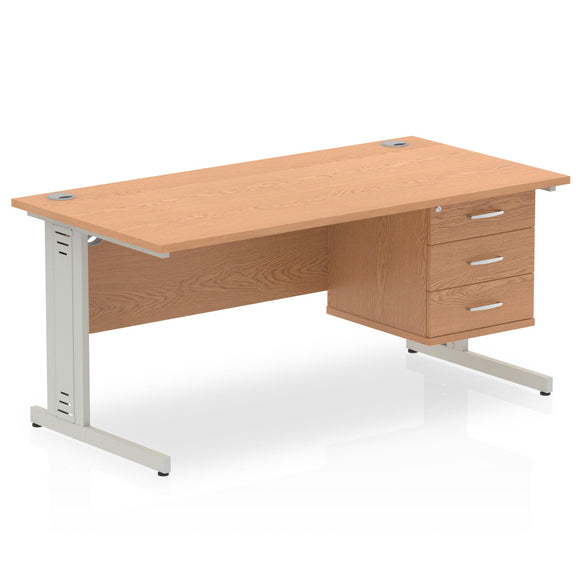 Impulse 1600 x 800mm Straight Desk Oak Top Silver Cable Managed Leg 1 x 3 Drawer Fixed Pedestal