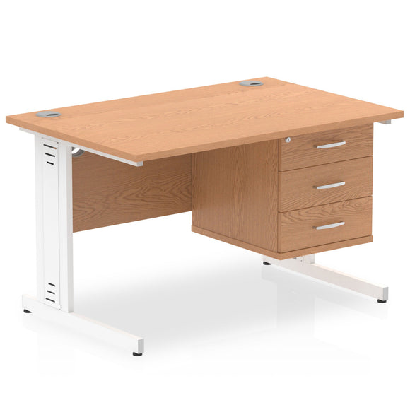 Impulse 1200 x 800mm Straight Desk Oak Top White Cable Managed Leg with 1 x 3 Drawer Fixed Pedestal