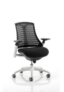 Flex Task Operator Chair White Frame Black Fabric Seat With Black Back With Arms With Headrest