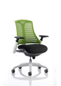 Flex Task Operator Chair White Frame Black Fabric Seat With Green Back With Arms