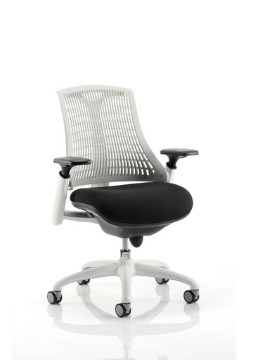 Flex Task Operator Chair White Frame Black Fabric Seat With Moonstone White Back With Arms With Headrest